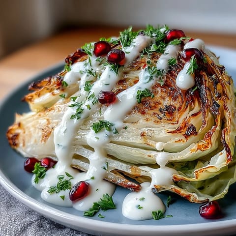 Grilled cabbage wedges with tahini sauce, a smoky, vibrant, and healthy vegan appetizer.