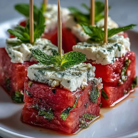 Refreshing watermelon feta bites on toothpicks, bright and juicy appetizer.