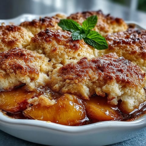 Warm peach cobbler with a golden, flaky biscuit topping bubbling deliciously.