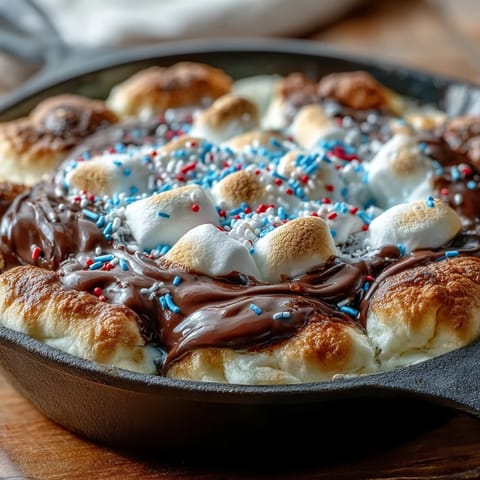 Gooey 4th of July S'mores Dip in cast iron, served warm with graham crackers.