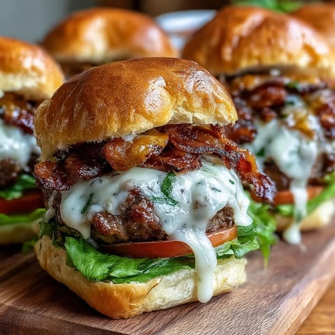 Melted cheddar tops these easy grilled bacon burger sliders, perfect for holidays.