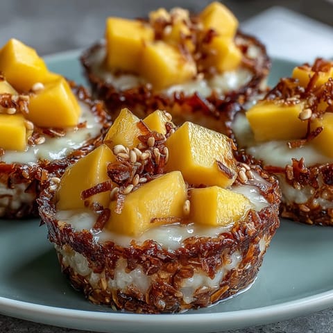 Creamy coconut sticky rice cups crowned with vibrant, ripe mango cubes.