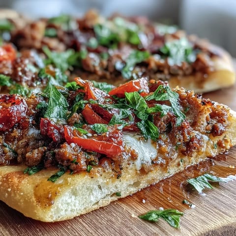 Savory ground lamb topping on thin, crispy Turkish Lahmacun with fresh herbs.