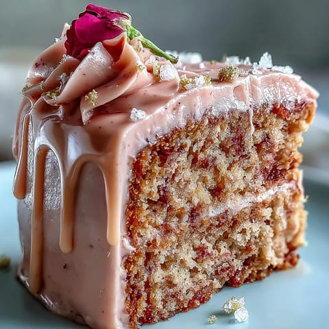 Elegant pink velvet cake with creamy rosé frosting and shimmering gold accents.
