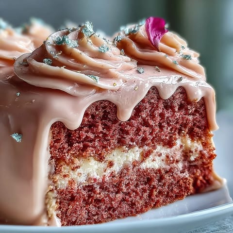 Pink rosé velvet cake, luxuriously frosted with a delicate golden cascade.