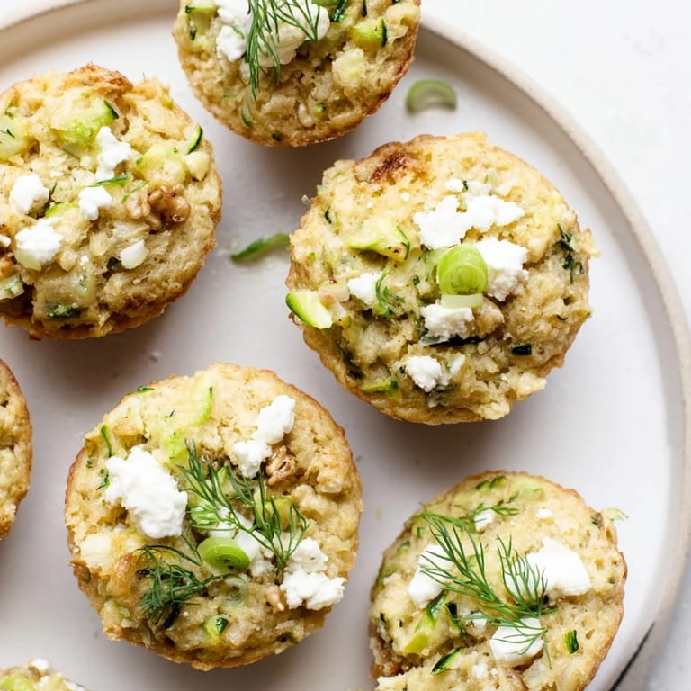 Warm, appetizing Savory Zucchini and Feta Muffins, with visible herbs, ideal for a vegetarian lunch.