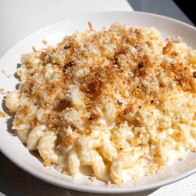 A warm, inviting close-up of Classic Oven-Baked Macaroni and Cheese, showing cheesy goodness and crispy topping.