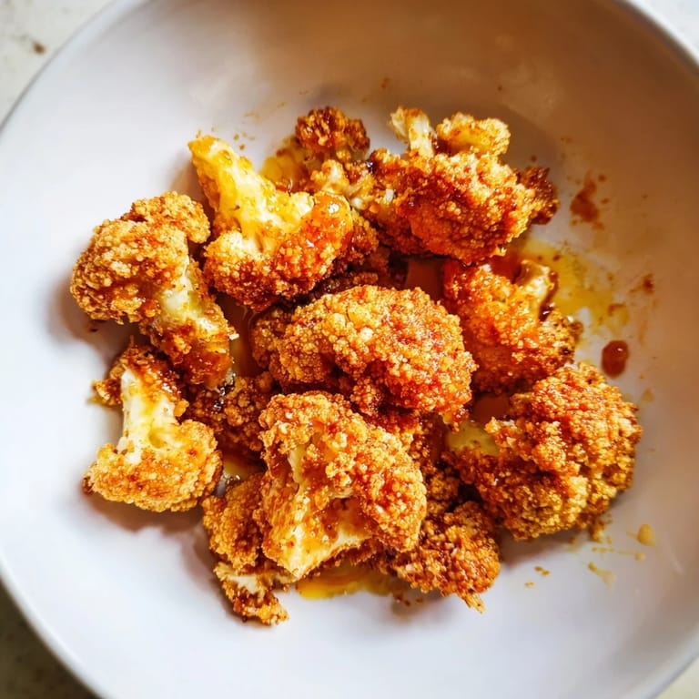 A serving of Air-Fryer Buffalo Cauliflower Bites, drizzled with sauce and served with cool dipping sauce.