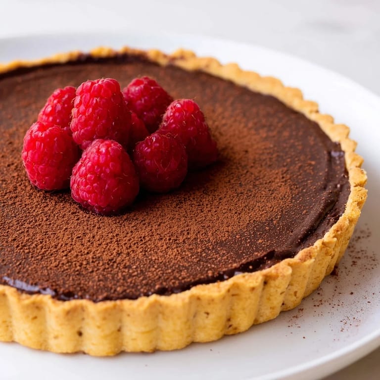 This photo shows a close-up of a finished Dark Chocolate Brownie Tart, ready to be devoured.