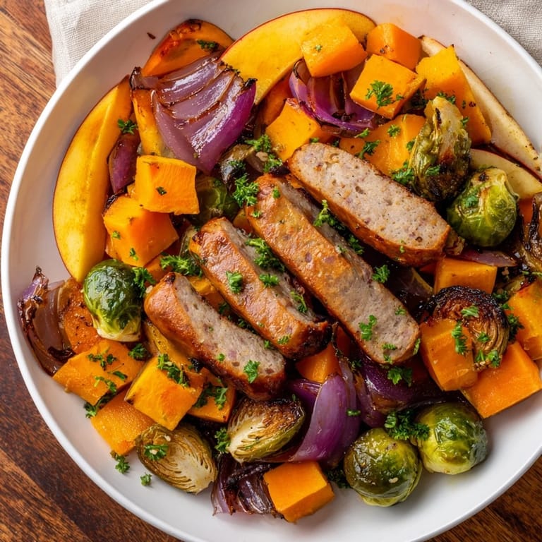 Vibrant photo of Sheet Pan Sausage and Autumn Veggie Medley just out of the oven, ready to serve and enjoy.