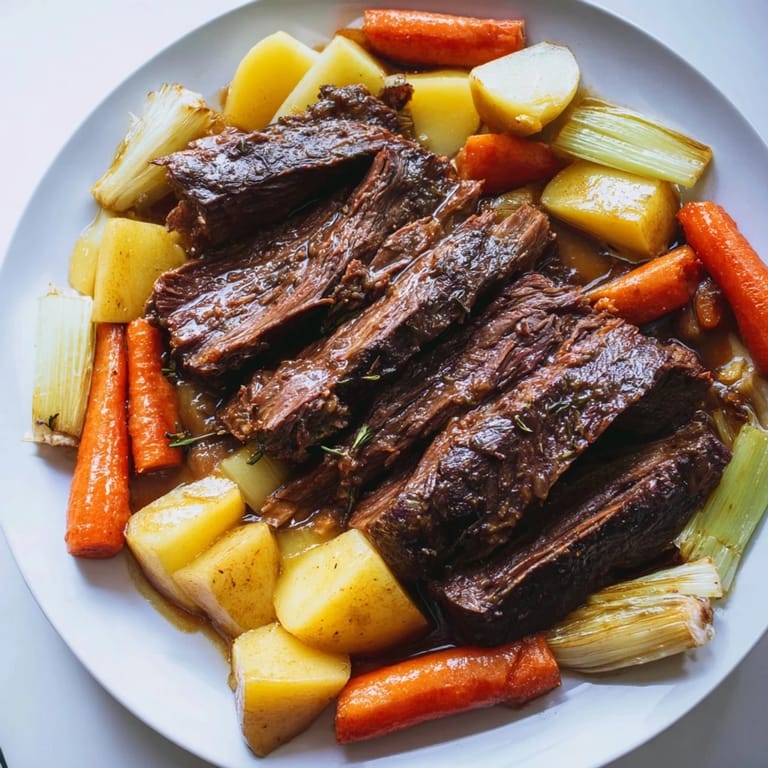 Fork-tender Slow-Roasted Beef Pot Roast, rich with savory juices and hearty, cooked veggies.