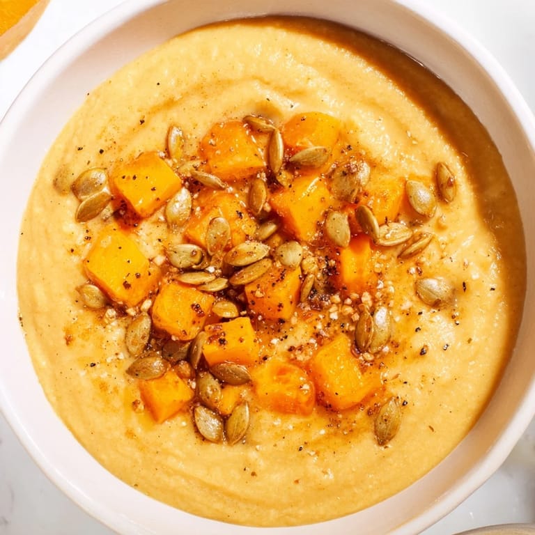 Glistening toasted pumpkin seeds top a bowl of rich, velvety creamy roasted pumpkin soup.