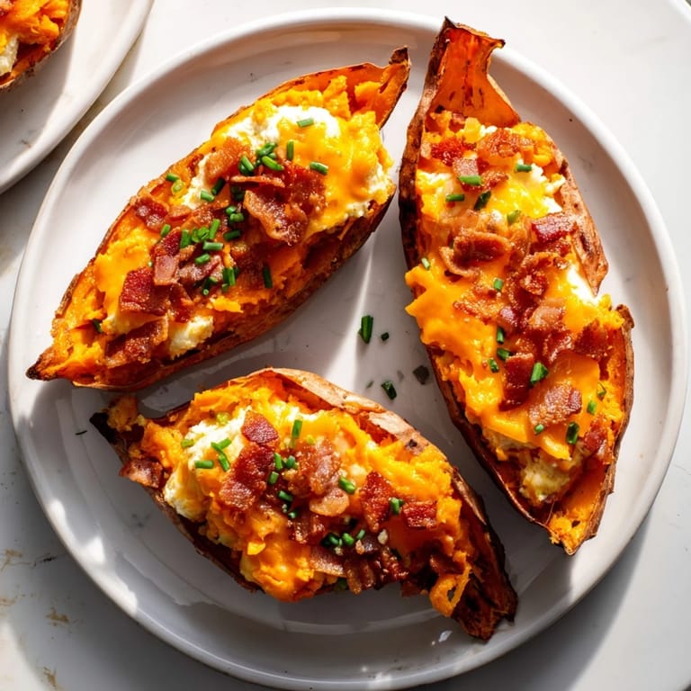 Warm, cheesy Loaded Sweet Potato Skins, a gluten-free appetizer featuring sweet potato, bacon, and chives.