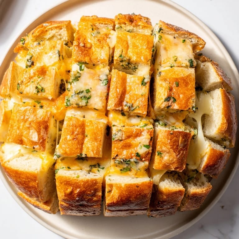 This close-up shows Cheesy Garlic Pull-Apart Bread with melted cheese and herbs, ready to serve.