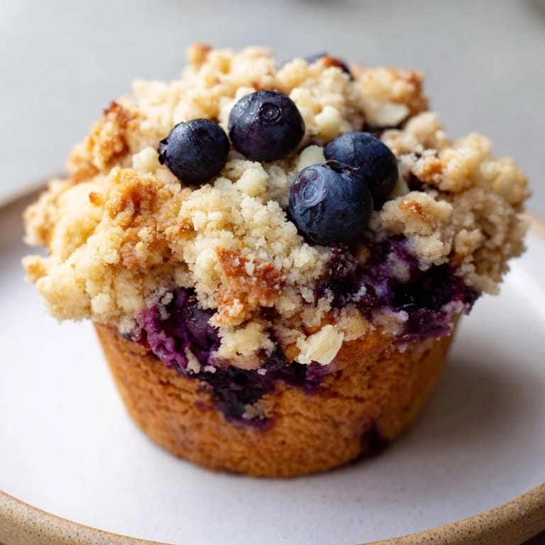 A close-up of warm, moist homemade blueberry muffins, bursting with juicy blueberries and sweet crumble.