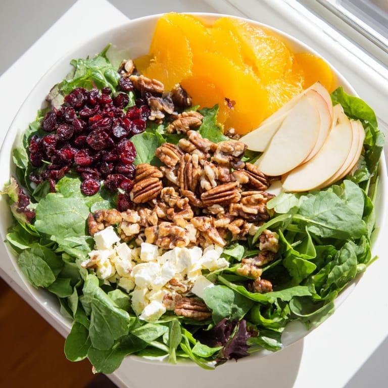 Close-up of the Seasonal Cranberry and Walnut Celebration Salad with toasted walnuts and fresh cranberries.