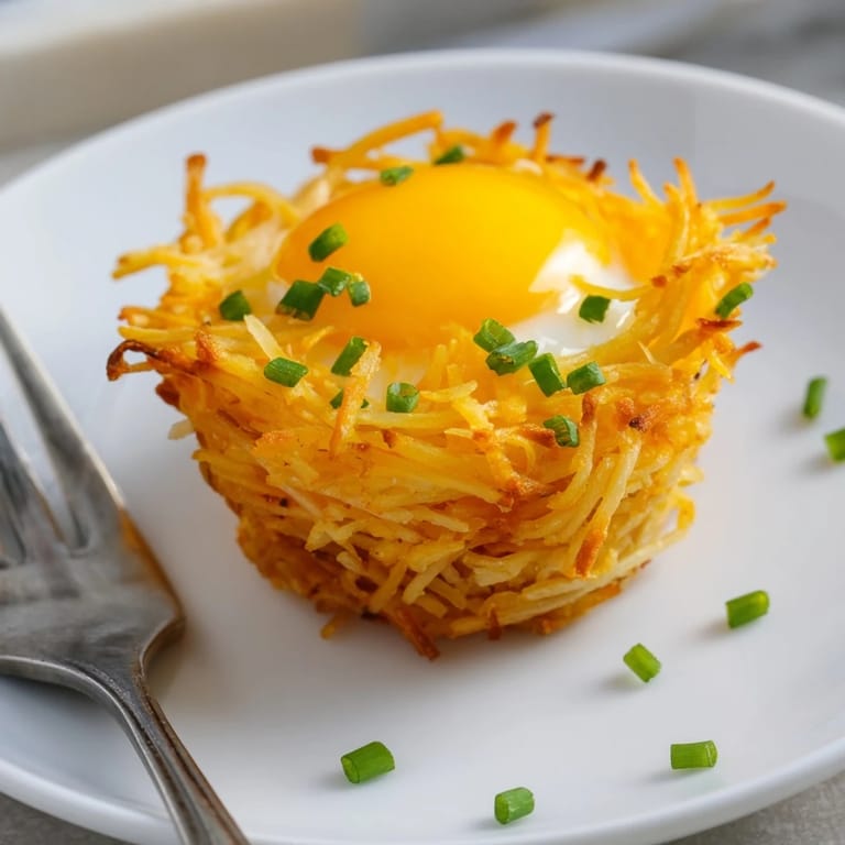 Delicious and cheesy Crispy Hashbrown Egg Nests, a homemade breakfast with fluffy baked potatoes.
