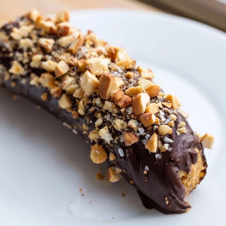 Homemade Frozen Banana Chocolate Pops, featuring a frozen banana coated in rich chocolate with sprinkles and peanuts.