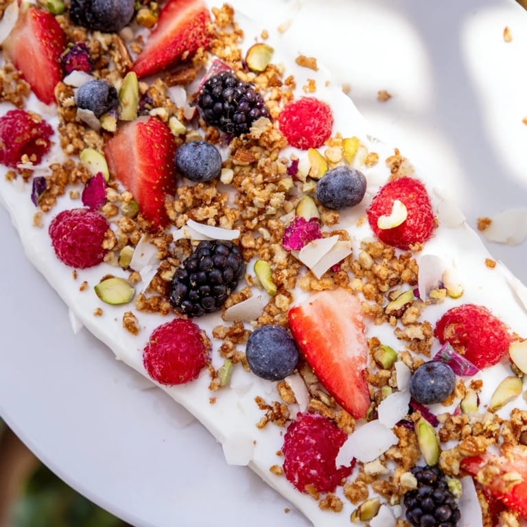 Close-up of Berry Yogurt Bark: showing the creamy yogurt base with fresh berries and coconut flakes.
