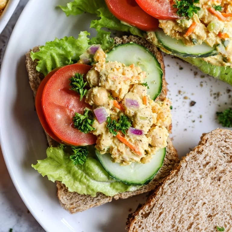 Close-up of a vegan Easy Chickpea Salad Sandwich showing the textures of mashed chickpeas and veggies.