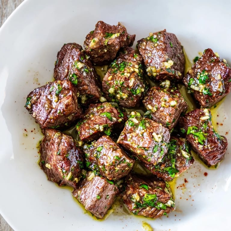 These air-fryer garlic-butter steak bites, cooked with herbs, boast a rich garlic-butter sauce for flavor.