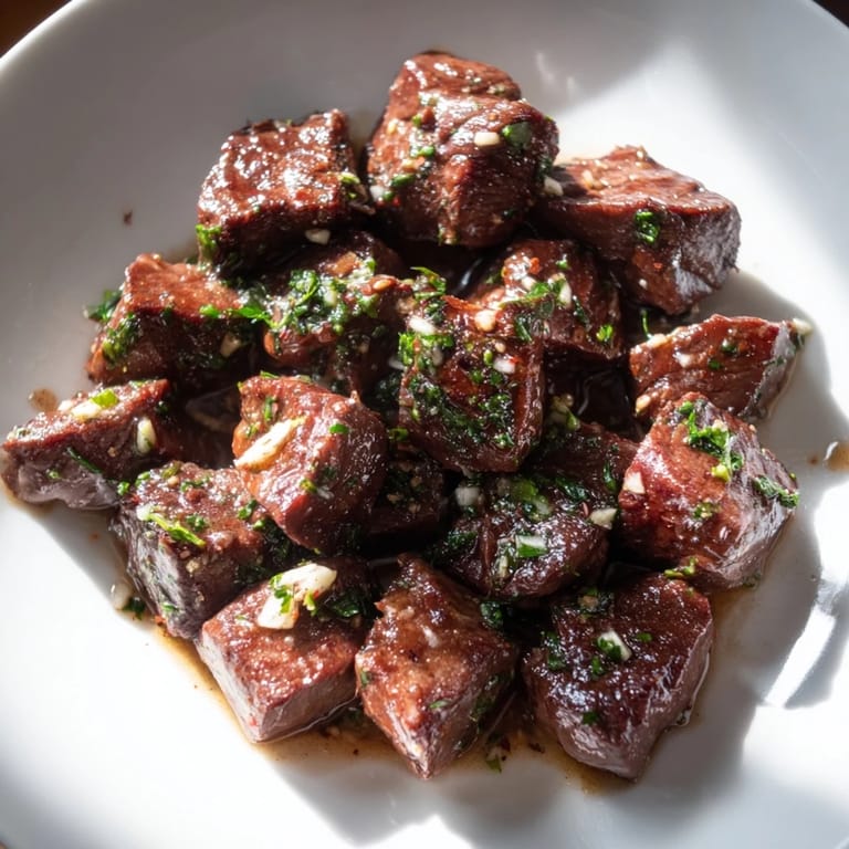 Tender, juicy Air-Fryer Garlic-Butter Steak Bites, tossed in butter and garlic, ready to serve hot.