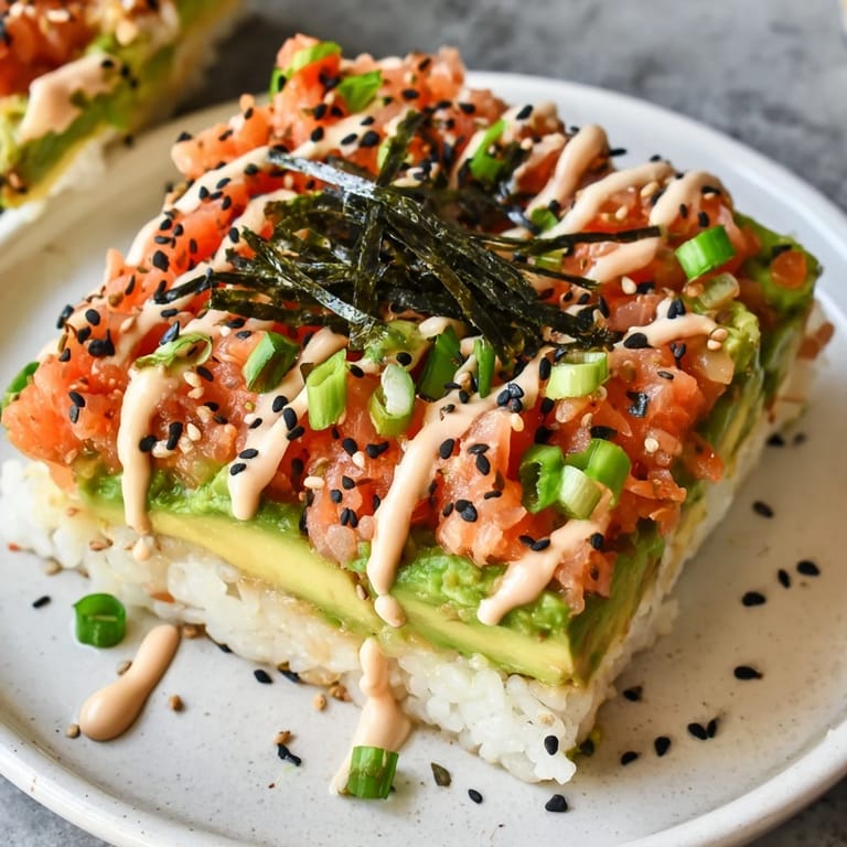 Freshly prepared Crispy Rice Salmon Stack, topped with creamy avocado and flavorful salmon.