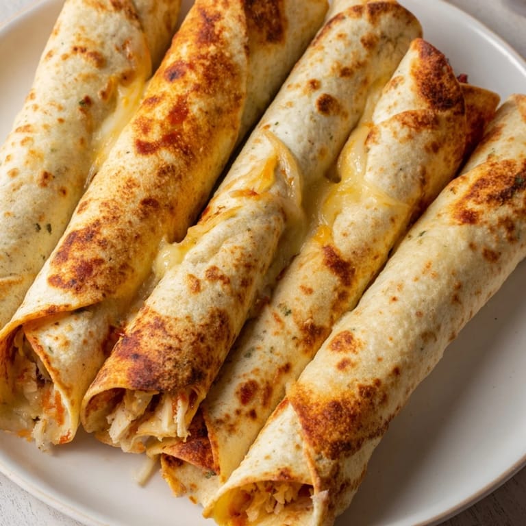 A close-up shot of crispy air fryer taquitos, showing the savory chicken and melted cheese filling.