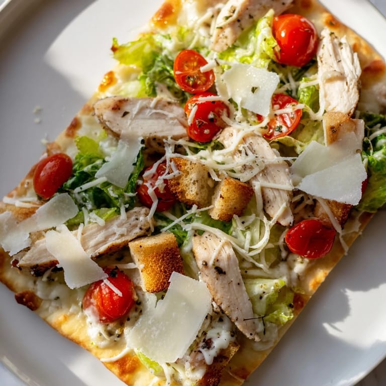 Savory Chicken Caesar Flatbread slices, loaded with toppings and perfect for a quick, tasty meal.
