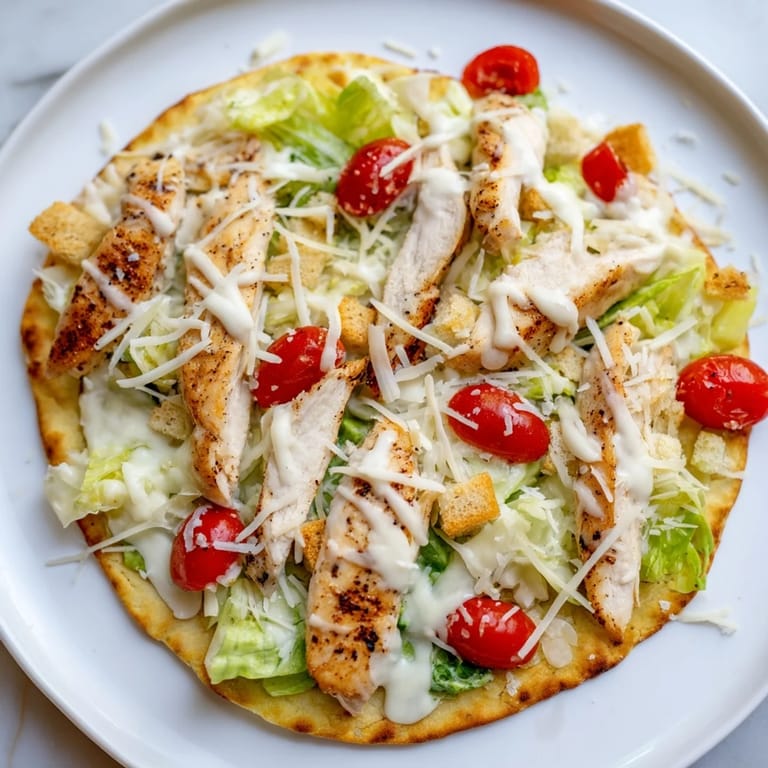 A close-up of a delicious Chicken Caesar Flatbread, featuring a crispy flatbread crust with Parmesan.