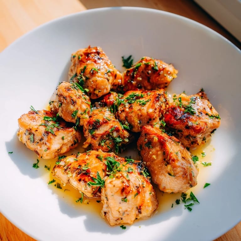 Close-up of Garlic Butter Chicken Bites showing juicy chicken pieces coated in a flavorful glaze.