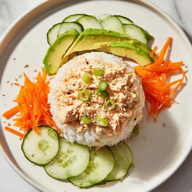 Enjoy a quick and easy spicy canned salmon rice bowl brimming with fresh ingredients.