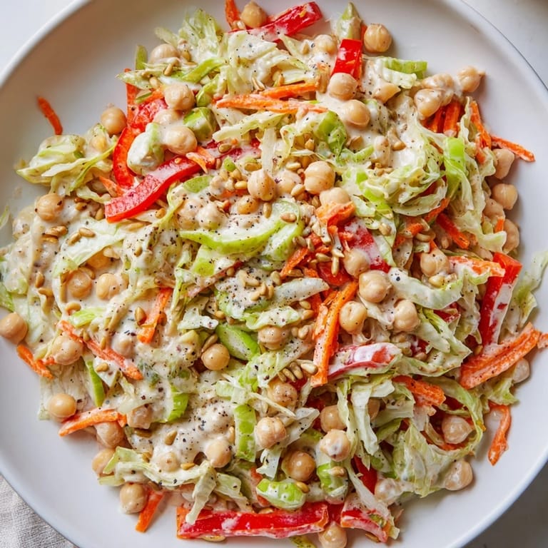 A Mediterranean-inspired bowl of colorful fiber-forward chickpea salad, featuring fresh vegetables.