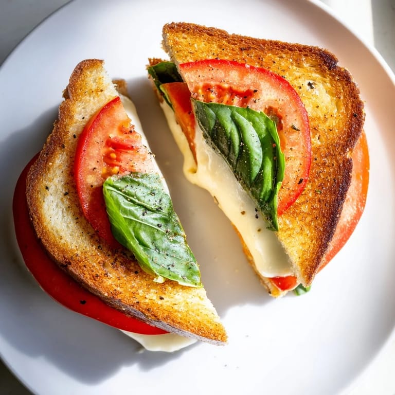 Crispy sourdough filled with warm Tomato Basil Grilled Cheese, with fresh basil peeking out.