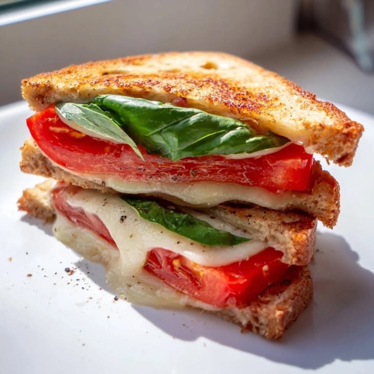 Close-up of a perfectly toasted Tomato Basil Grilled Cheese, showcasing ripe tomatoes and cheese pull.
