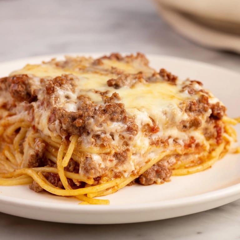 Gooey, cheesy perfection: A serving of rich Million Dollar Spaghetti, ready to be enjoyed at dinner.