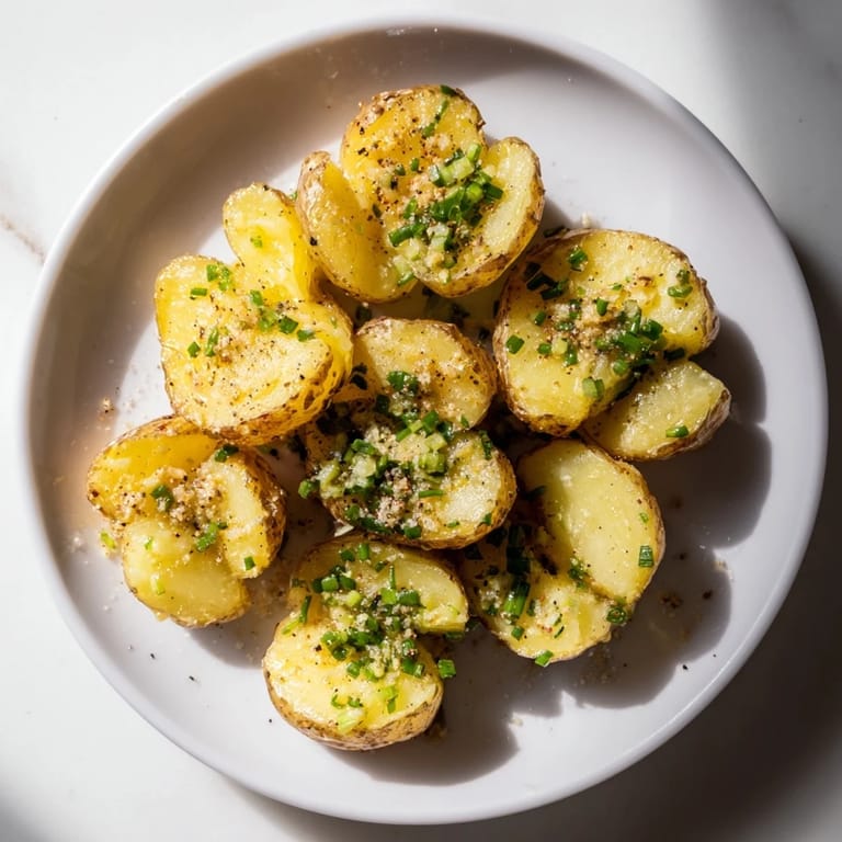 A plate of oven-roasted Smashed Green Onion Potato Bombs, garnished with flaky salt and pepper.