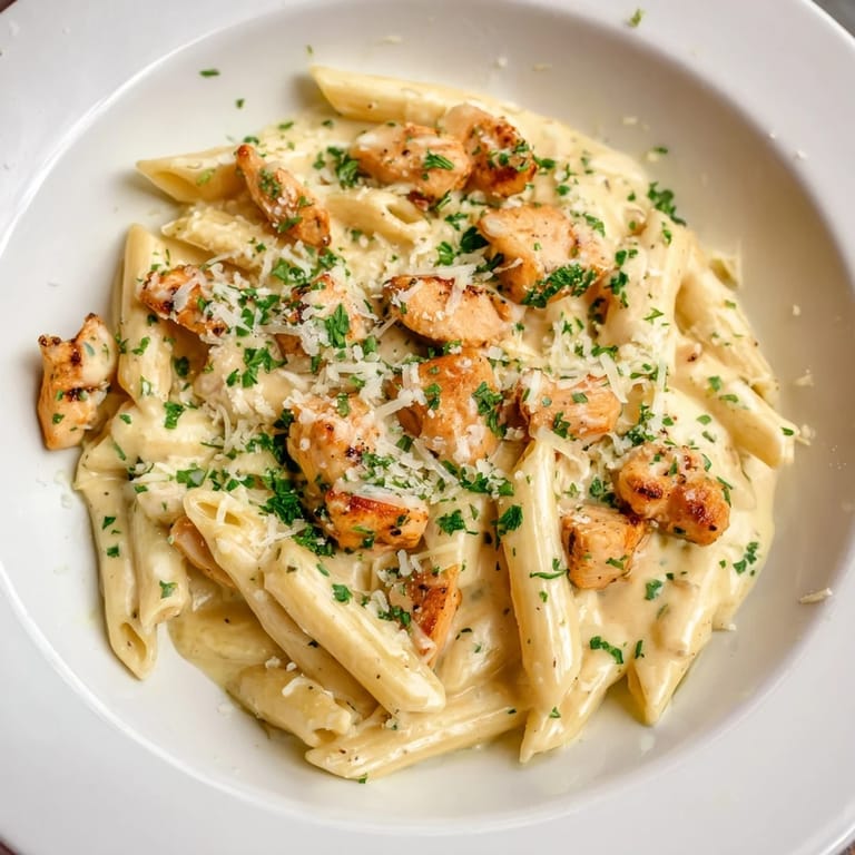 Sizzling Quick Garlic Parmesan Chicken Pasta, featuring golden chicken pieces and bubbling Parmesan sauce.