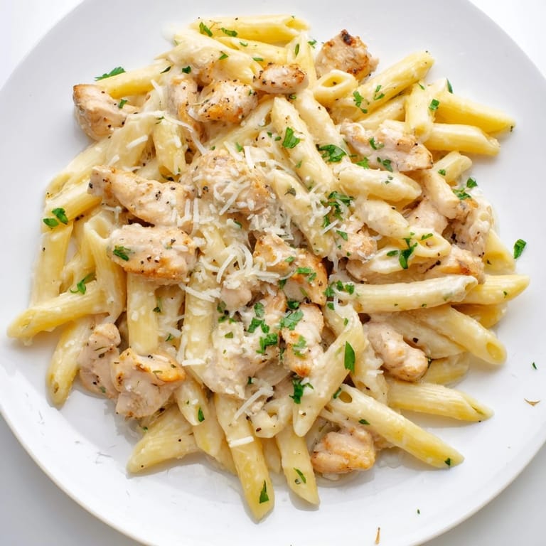 A comforting close-up showcases vibrant Quick Garlic Parmesan Chicken Pasta, perfect for a busy weeknight.