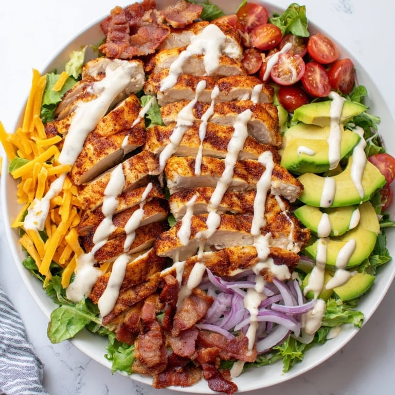 This vibrant, colorful Crispy Bacon Chicken Salad features chopped bacon and seasoned chicken breast atop a salad.
