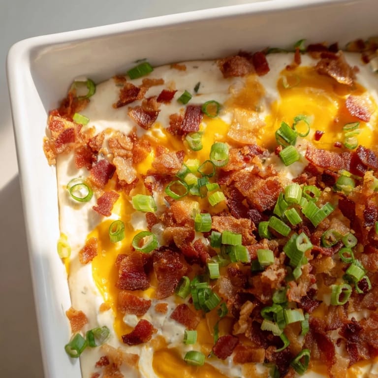 Close-up of a bubbling Cheesy Bacon Ranch Dip, topped with crispy bacon perfect for snacking.