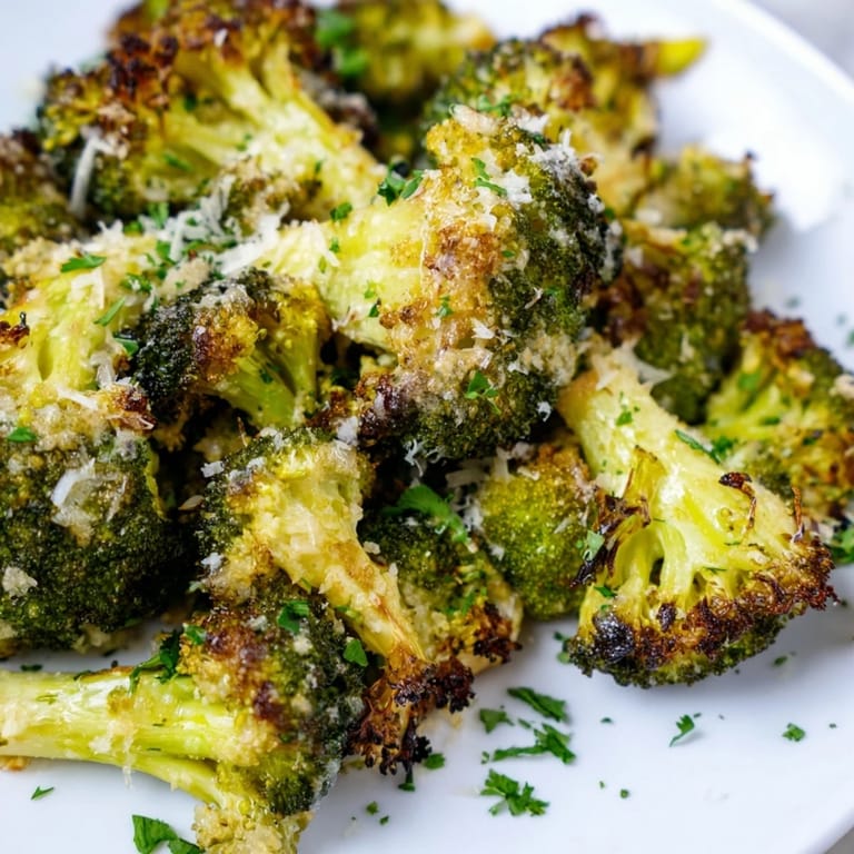 Tender Garlic Parmesan Roasted Broccoli, sprinkled with parsley, a simple yet delicious vegetarian offering.