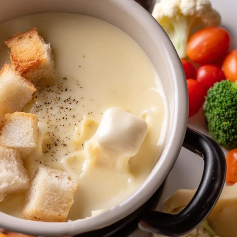 Warm and bubbling Swiss cheese fondue, perfect for dunking bread and veggies at a gathering.