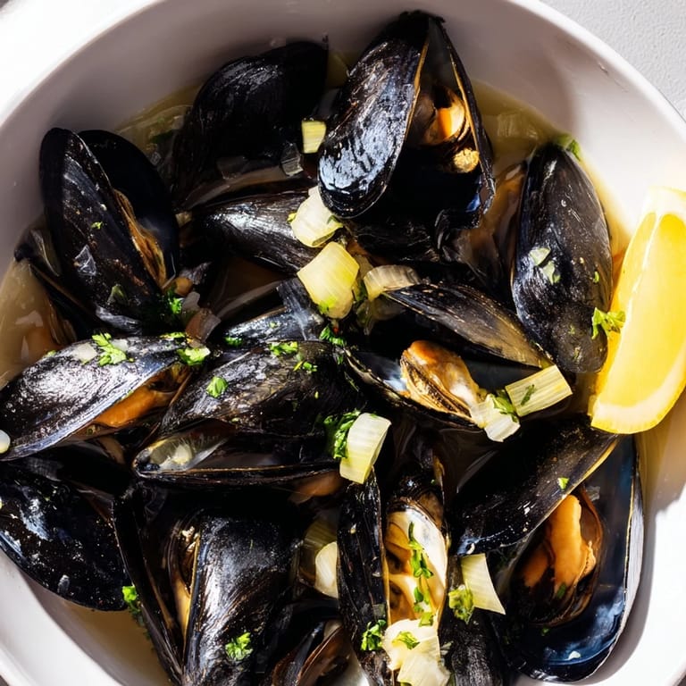 Freshly made Belgian Moules Marinière, a classic dish, garnished with parsley and served with lemon slices.