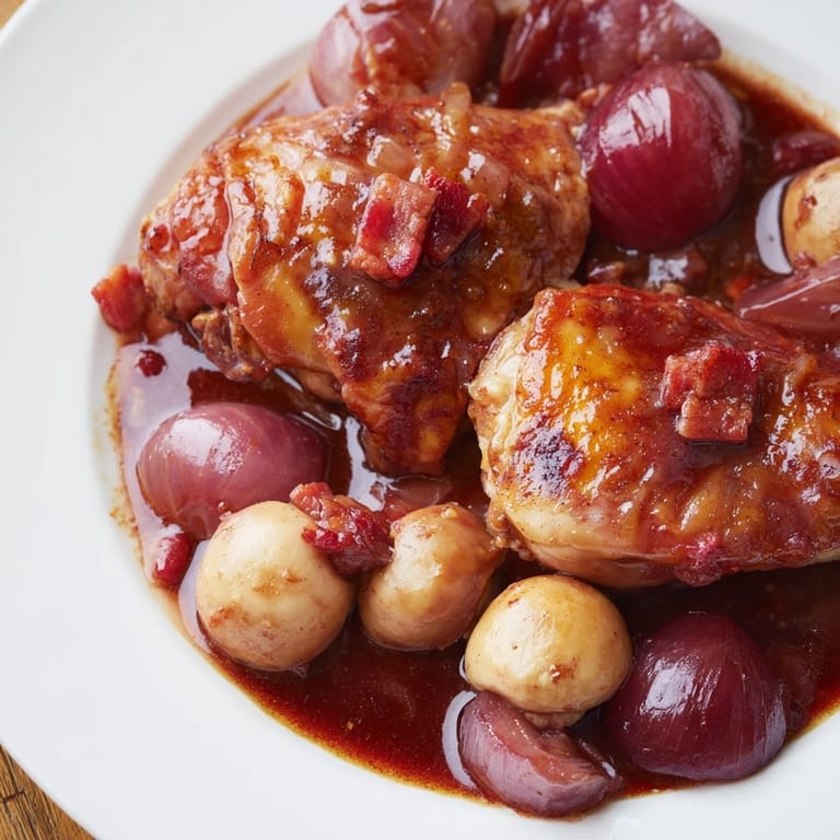 Aromatic Coq au Vin, a French classic, boasts juicy chicken pieces amongst tender vegetables and bacon.