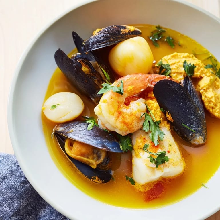 Close-up shot shows a flavorful bouillabaisse with fresh herbs, ready to be enjoyed with the delicious rouille.