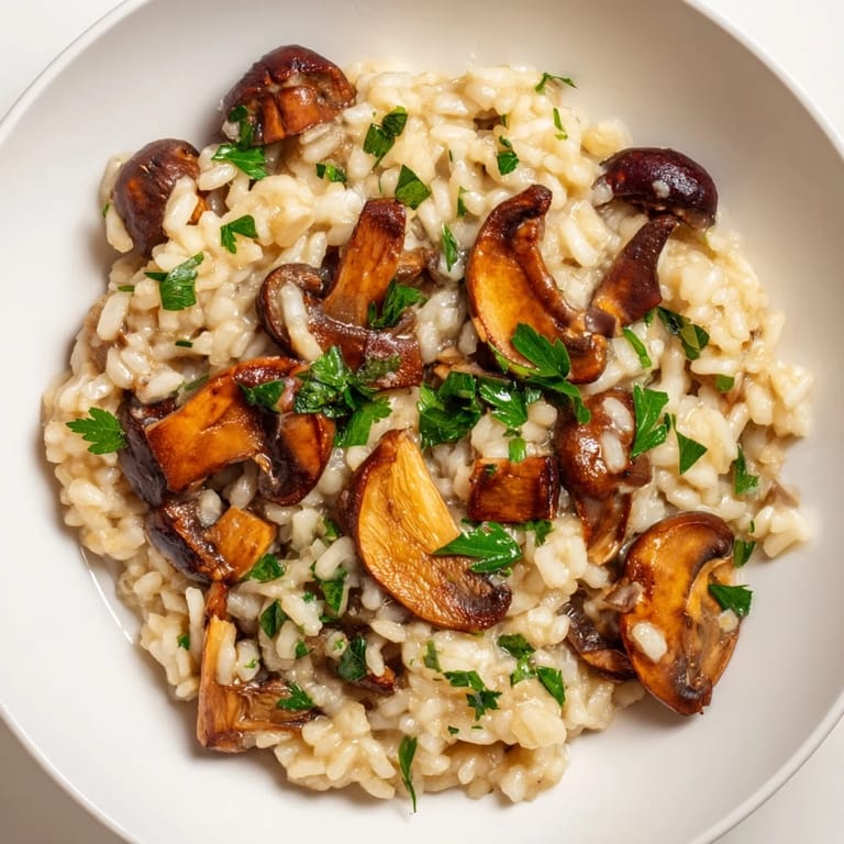 Close-up of golden Italian mushroom risotto, a delicious, comforting vegetarian dinner option.