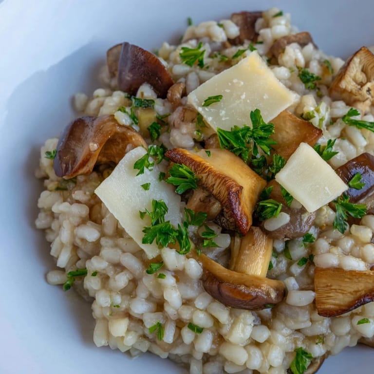 Steaming bowl of Italian mushroom risotto, rich with Parmesan, herbs, and tender wild mushrooms.