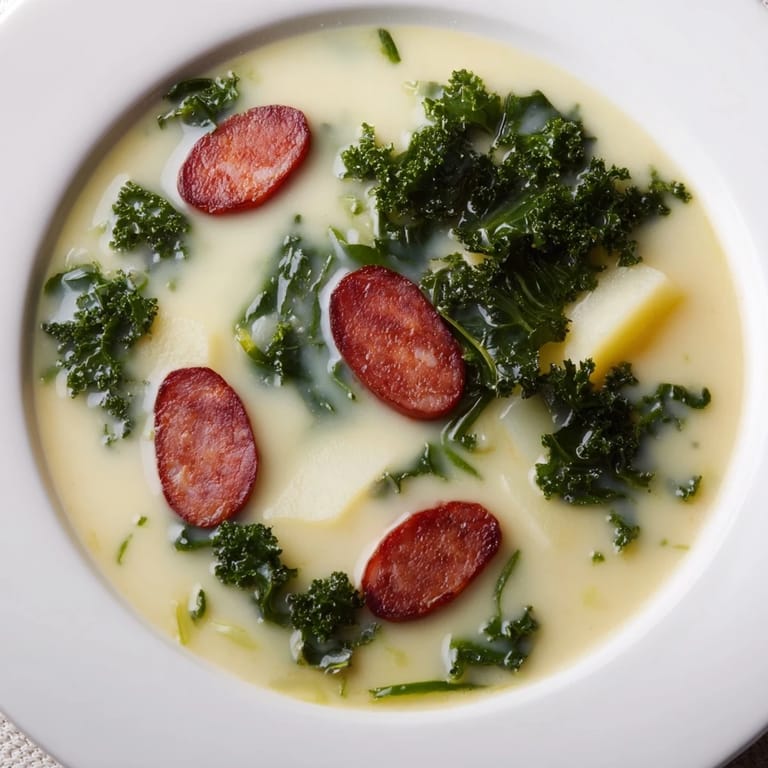 Creamy, smooth Portuguese Caldo Verde soup, with hearty potatoes and savory sausage, ready to serve.