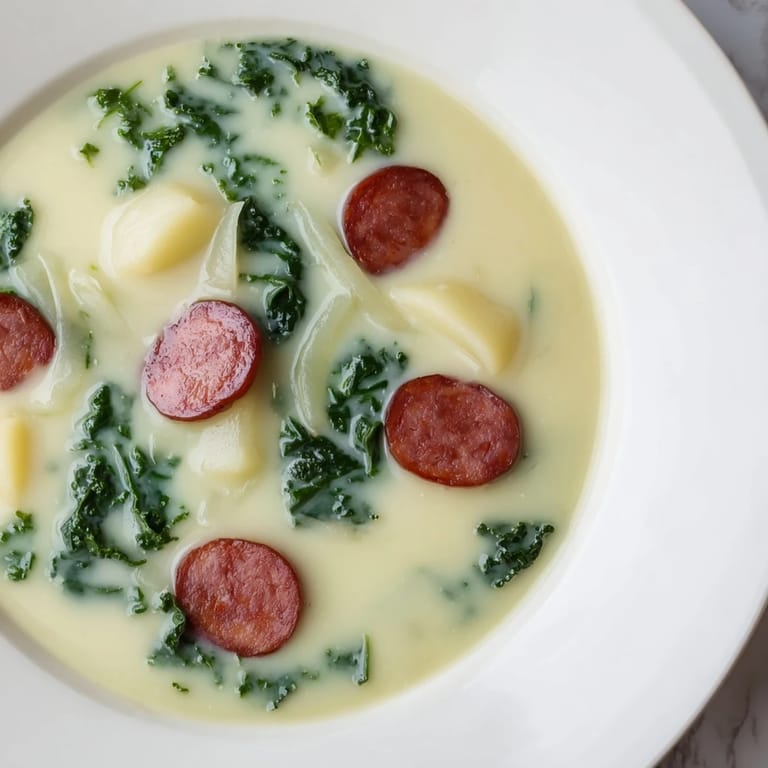A close-up view of a flavorful Portuguese Caldo Verde, smelling of garlic and spices, ready to eat.